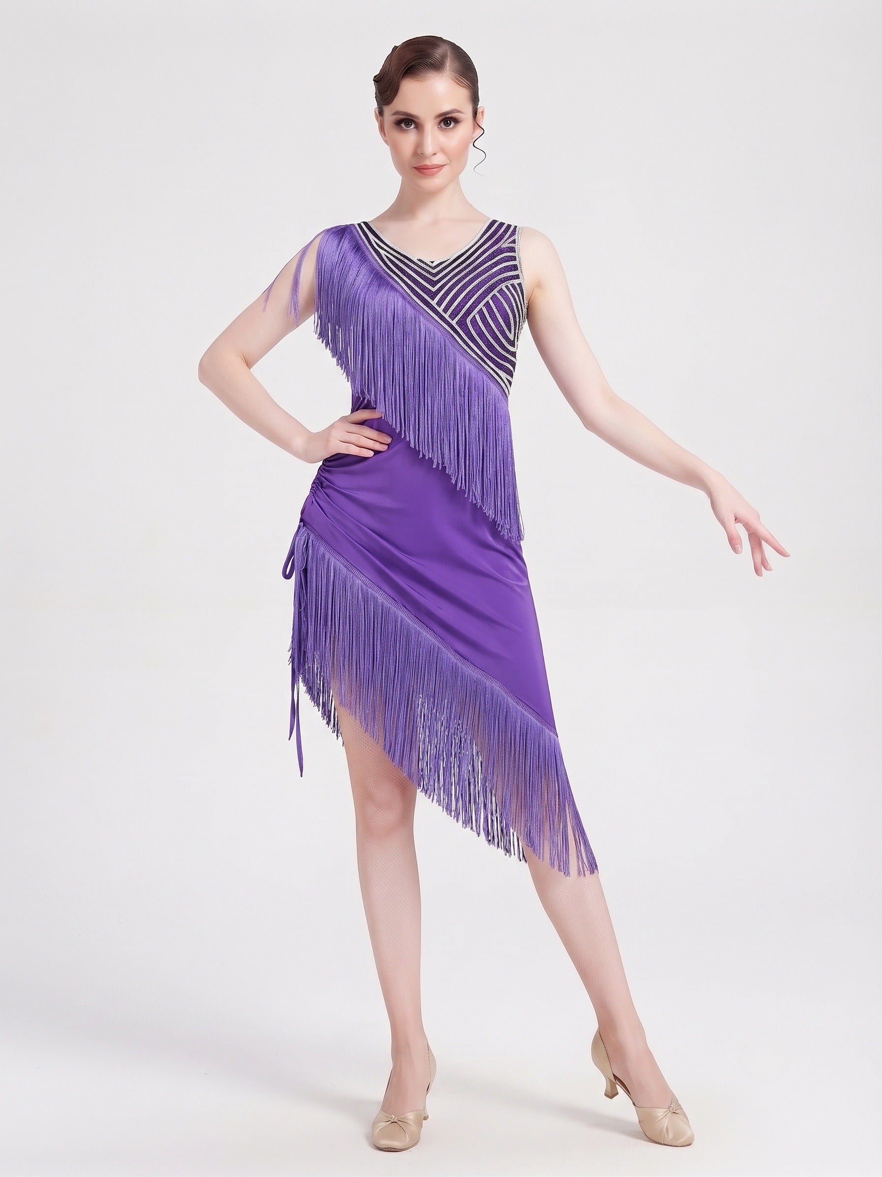 Dancewear Latin Sleeveless One-Shoulder Geometric Tassel Fringe Sequins Stage Performance Outfit
