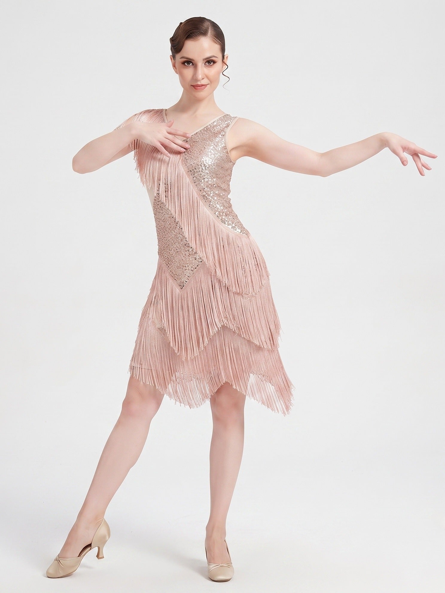 Dancewear Latin Sleeveless Tassel Fringe Sequins V-Neck Dance Dress Training And Performance