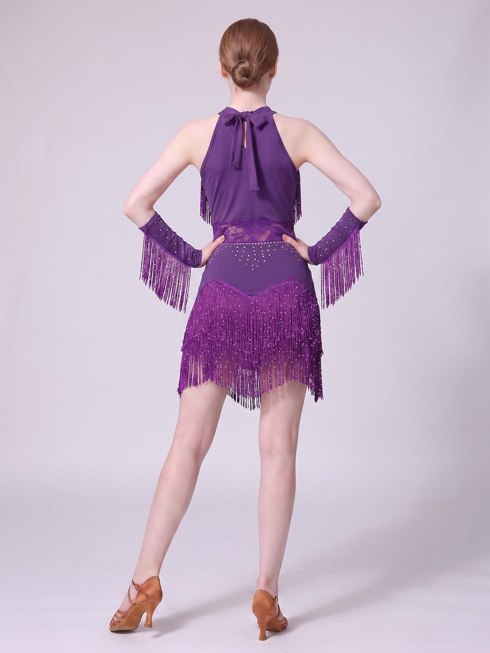 Dancewear Latin Sleeveless Sparkly Sequins Tassel Fringe Dance Dress Professional Performance Set Stage Play