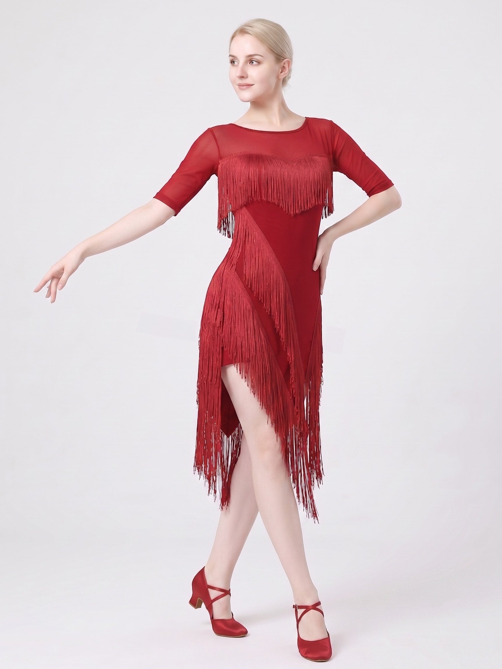 Dancewear Latin Asymmetrical Fringe Tassel Mesh Sleeve Dance Dress Professional Ballroom Performance Outfit