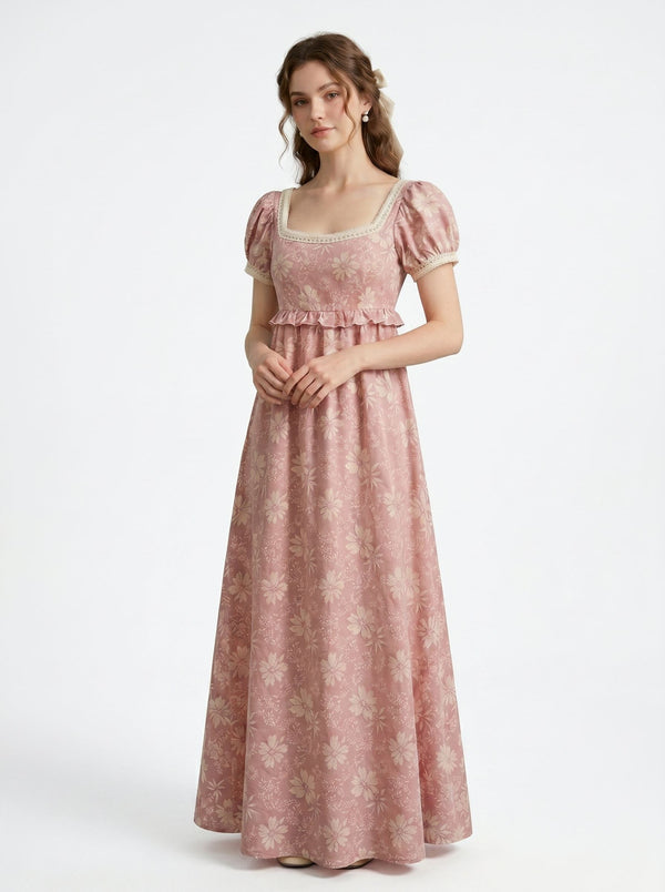 Medieval Vintage Renaissance Regency Inspired Dress Cottagecore Floral Square Neck Puff Sleeve Historical Long Gown for Women