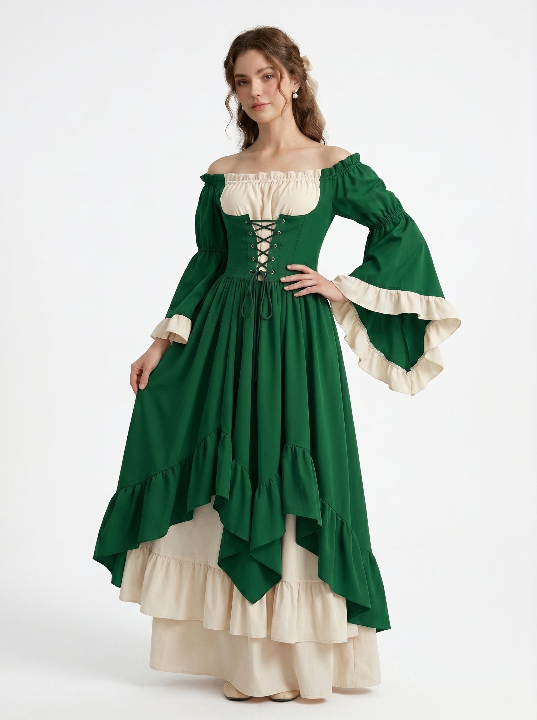 Medieval Vintage Renaissance Fancy Dress Princess Asymmetrical Corset Ruffles Off-the-Shoulder Halloween Carnival Renaissance Fair LARP