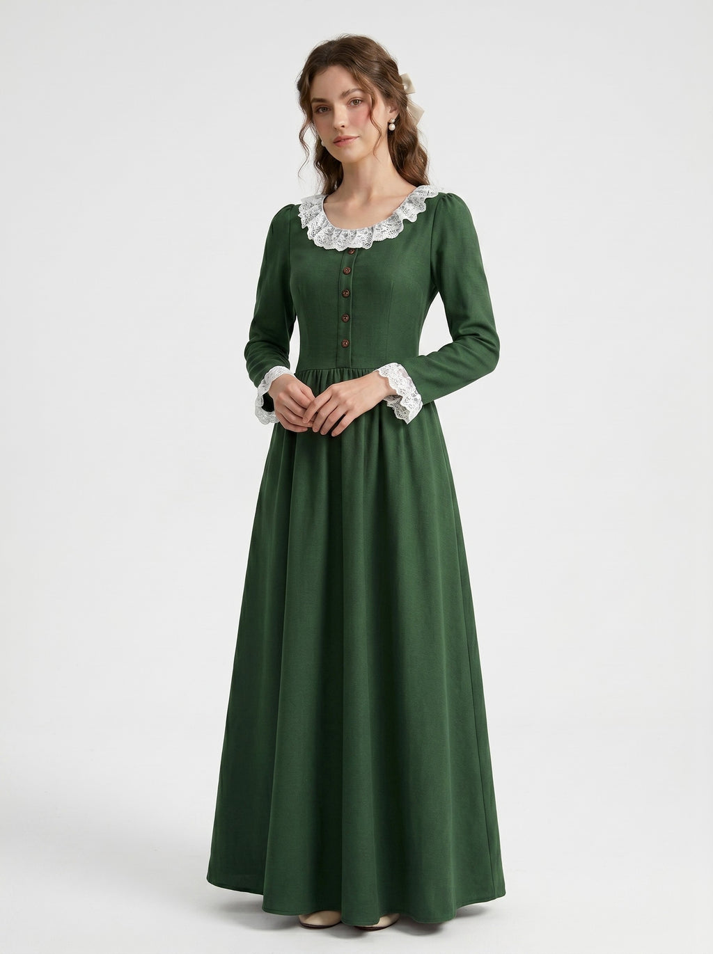 Medieval Vintage Witch Peasant Green A-Line Ankle-Length Lace Scoop Neck Women's Fantasy Halloween Carnival LARP  Renaissance Fair