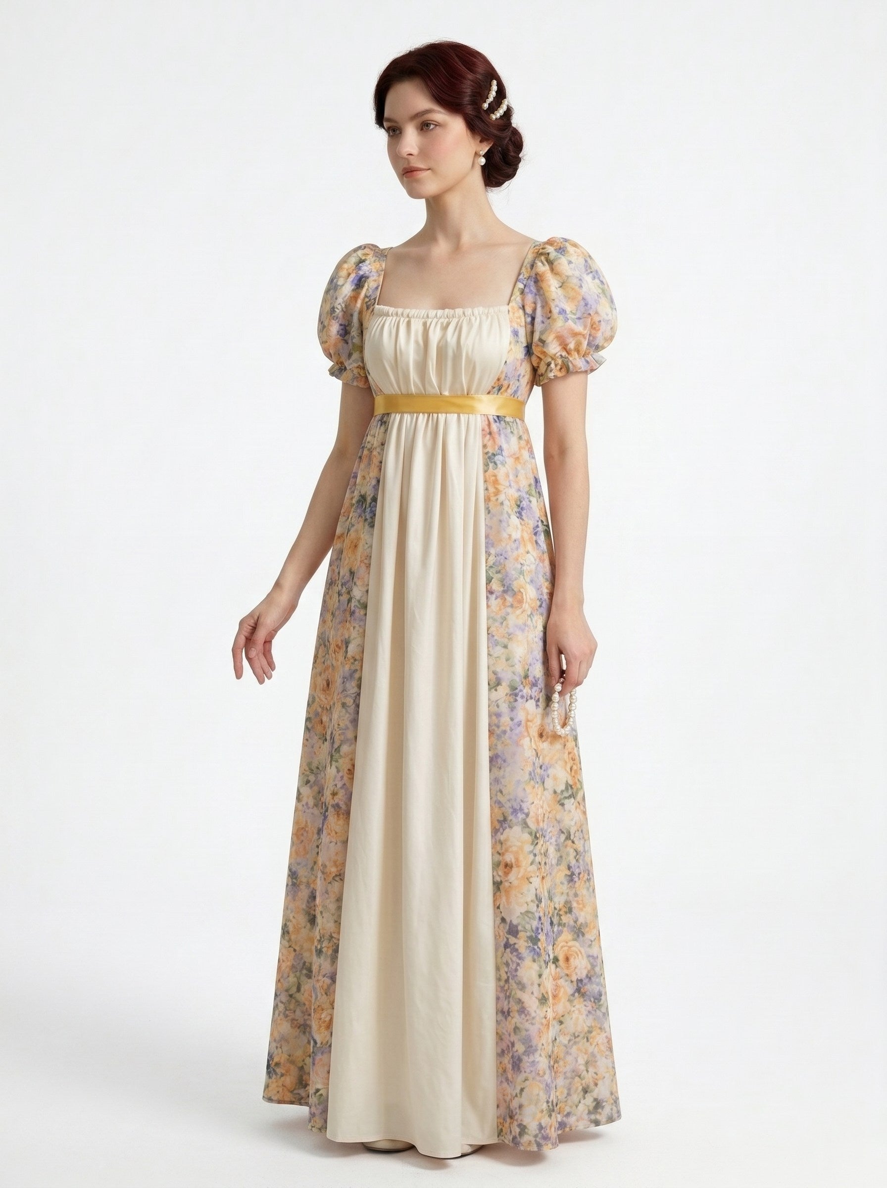 Medieval Vintage Fancy Dress Yellow Princess Floor-Length Floral Print Square Collar Carnival Renaissance Fair LARP Retro Theme Party for Women