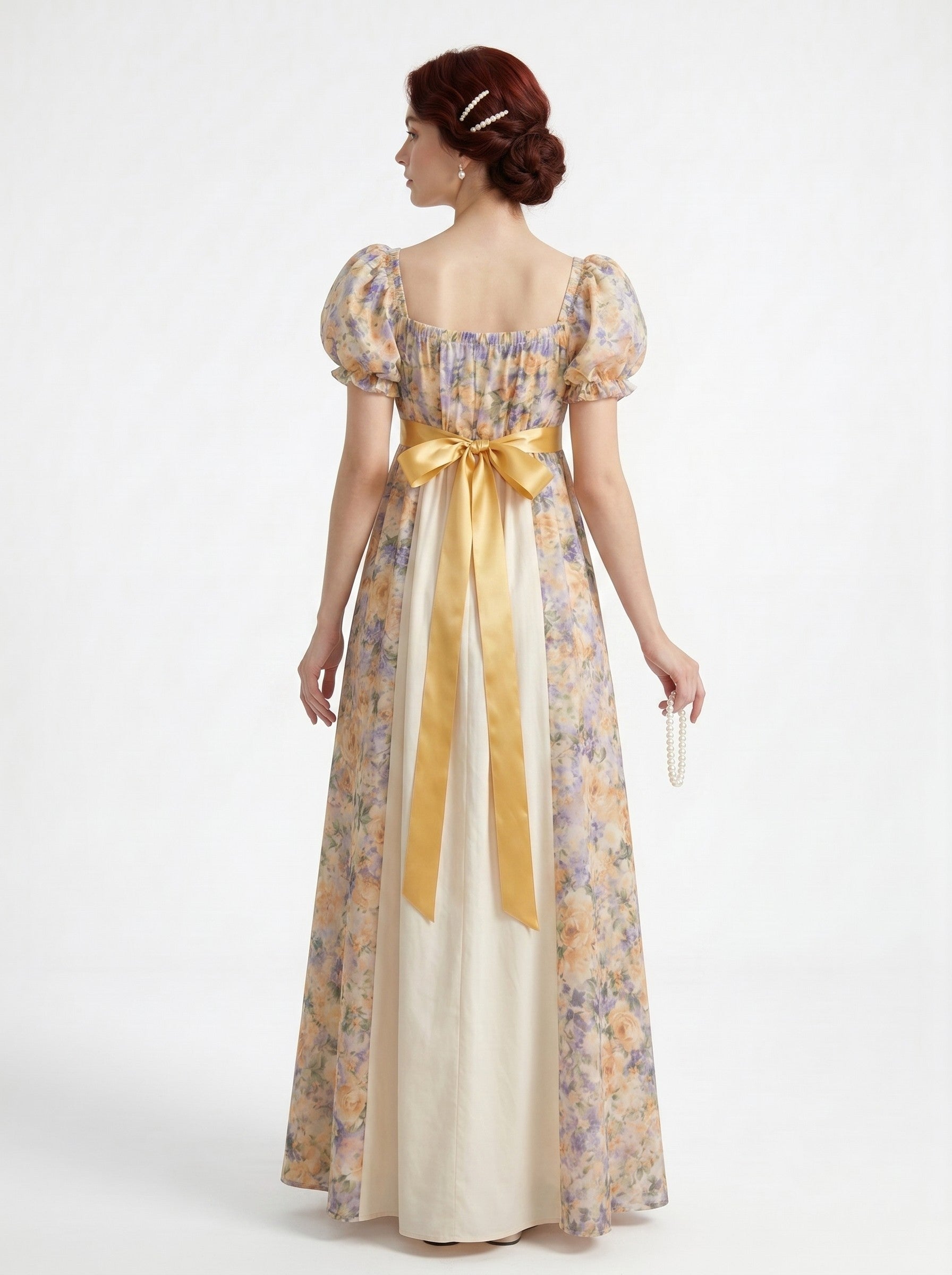 Medieval Vintage Fancy Dress Yellow Princess Floor-Length Floral Print Square Collar Carnival Renaissance Fair LARP Retro Theme Party for Women
