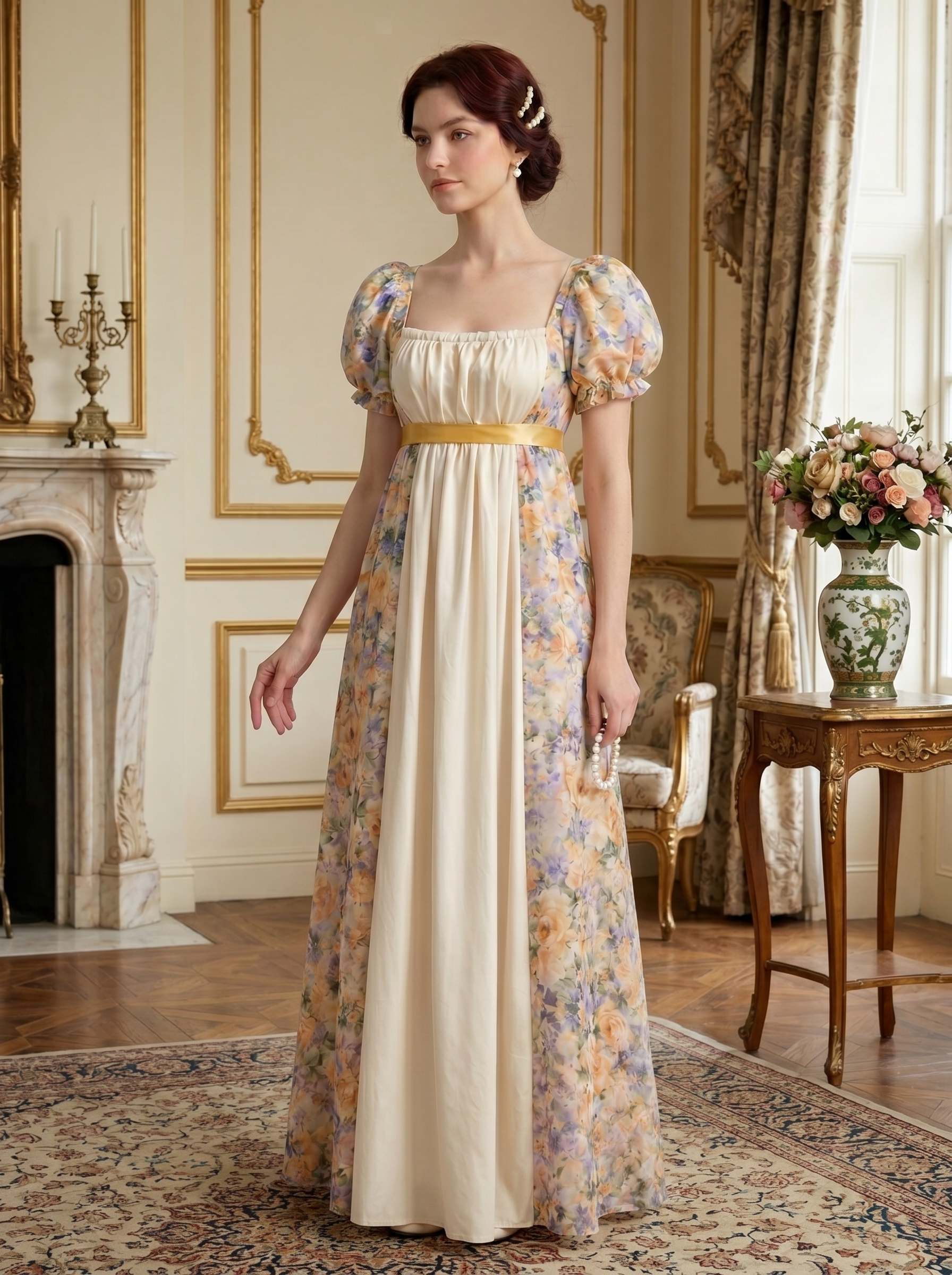 Medieval Vintage Fancy Dress Yellow Princess Floor-Length Floral Print Square Collar Carnival Renaissance Fair LARP Retro Theme Party for Women