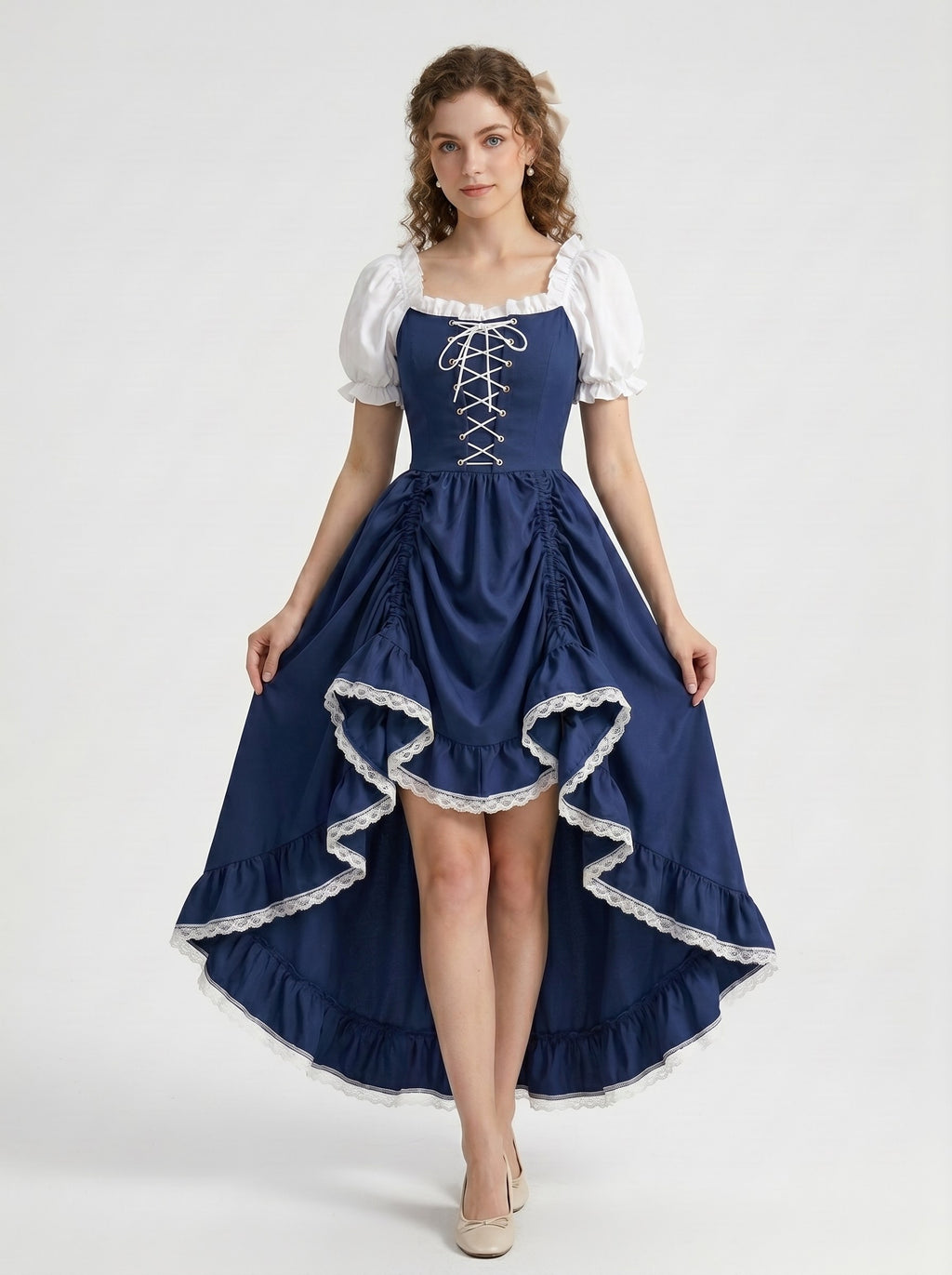 Medieval Vintage Gothic Navy Noblewoman A-Line Asymmetrical Lace Square Collar Halloween LARP Carnival Renaissance Fair for Women