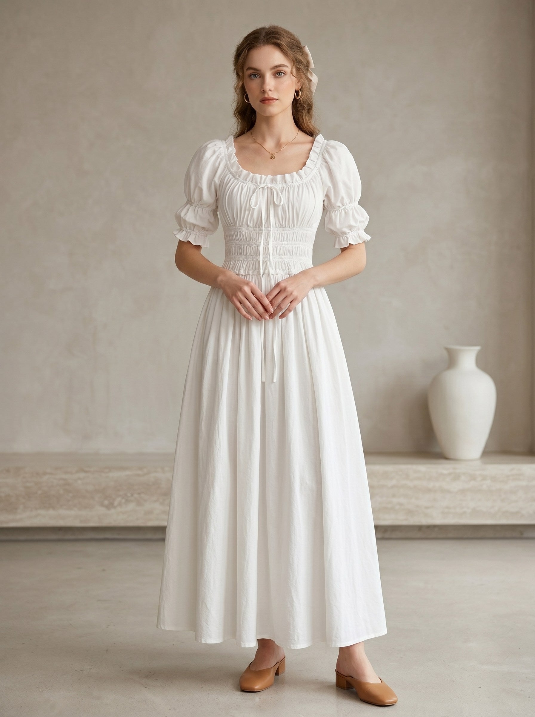 Medieval Vintage Renaissance Cottagecore White Witch Fairy Peasant Princess Ankle-Length Pleats Scoop Halloween Carnival Renaissance Fair for Women