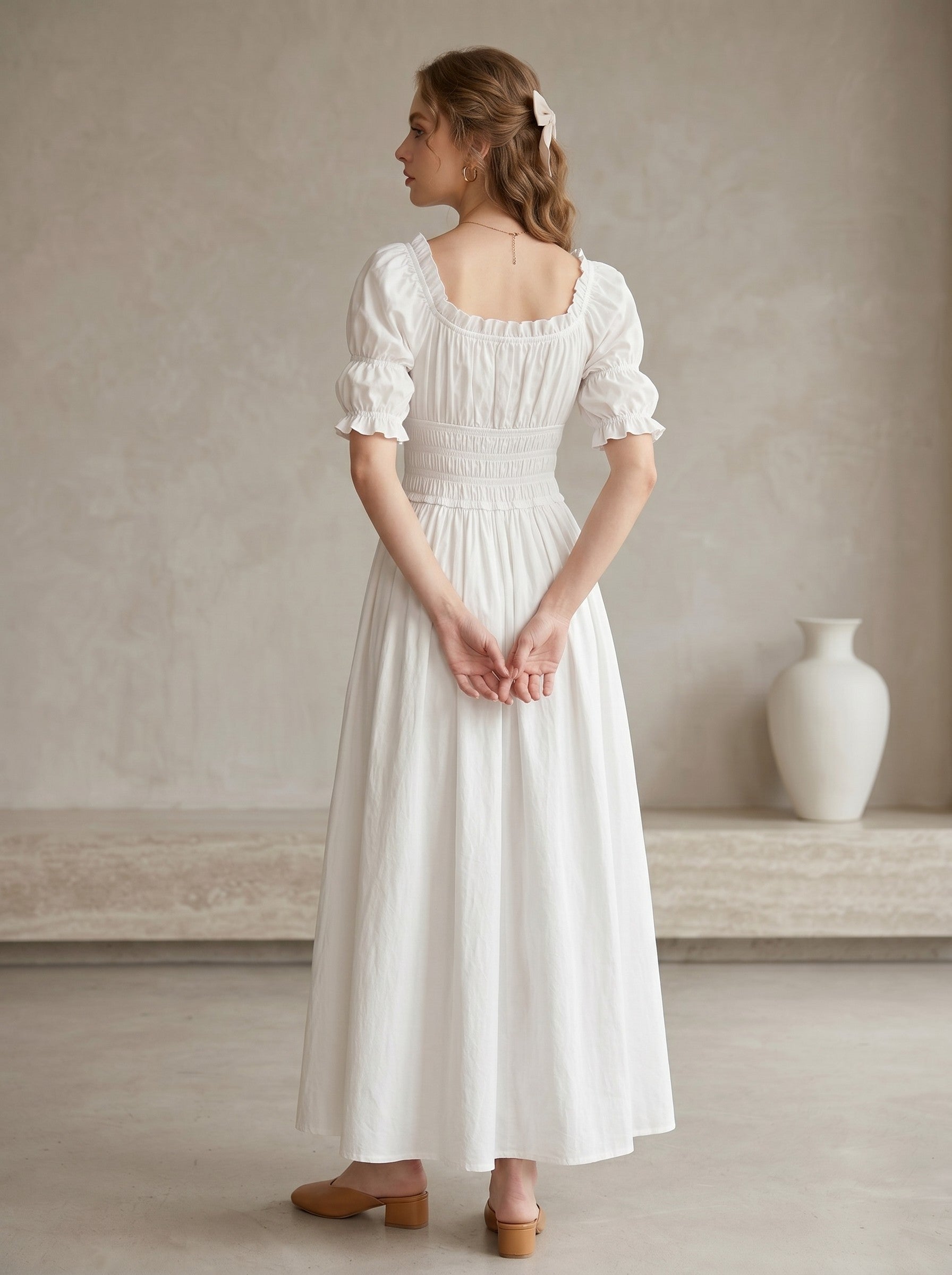Medieval Vintage Renaissance Cottagecore White Witch Fairy Peasant Princess Ankle-Length Pleats Scoop Halloween Carnival Renaissance Fair for Women