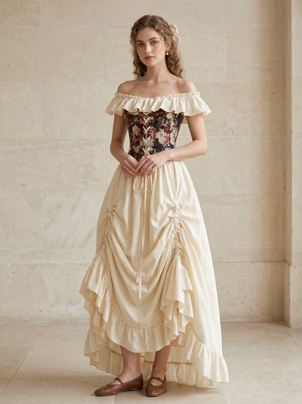 Medieval Vintage Renaissance Dress Floral Fancy Dress Princess Ankle-Length Ruffles Off-the-Shoulder Halloween Carnival Renaissance Fair LARP Adults' Dress