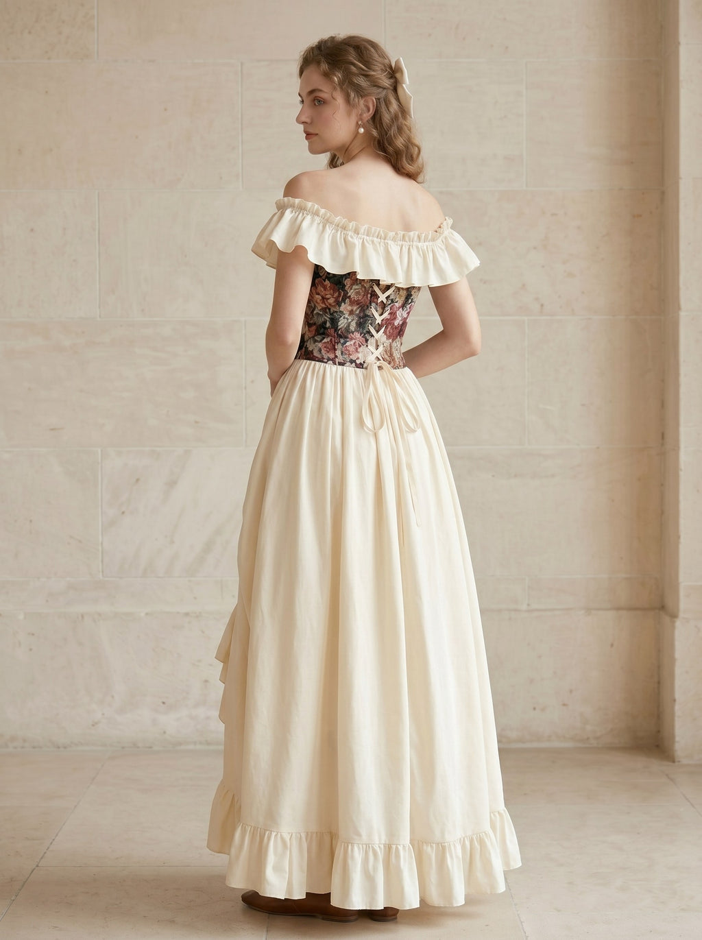Medieval Vintage Renaissance Dress Floral Fancy Dress Princess Ankle-Length Ruffles Off-the-Shoulder Halloween Carnival Renaissance Fair LARP Adults' Dress