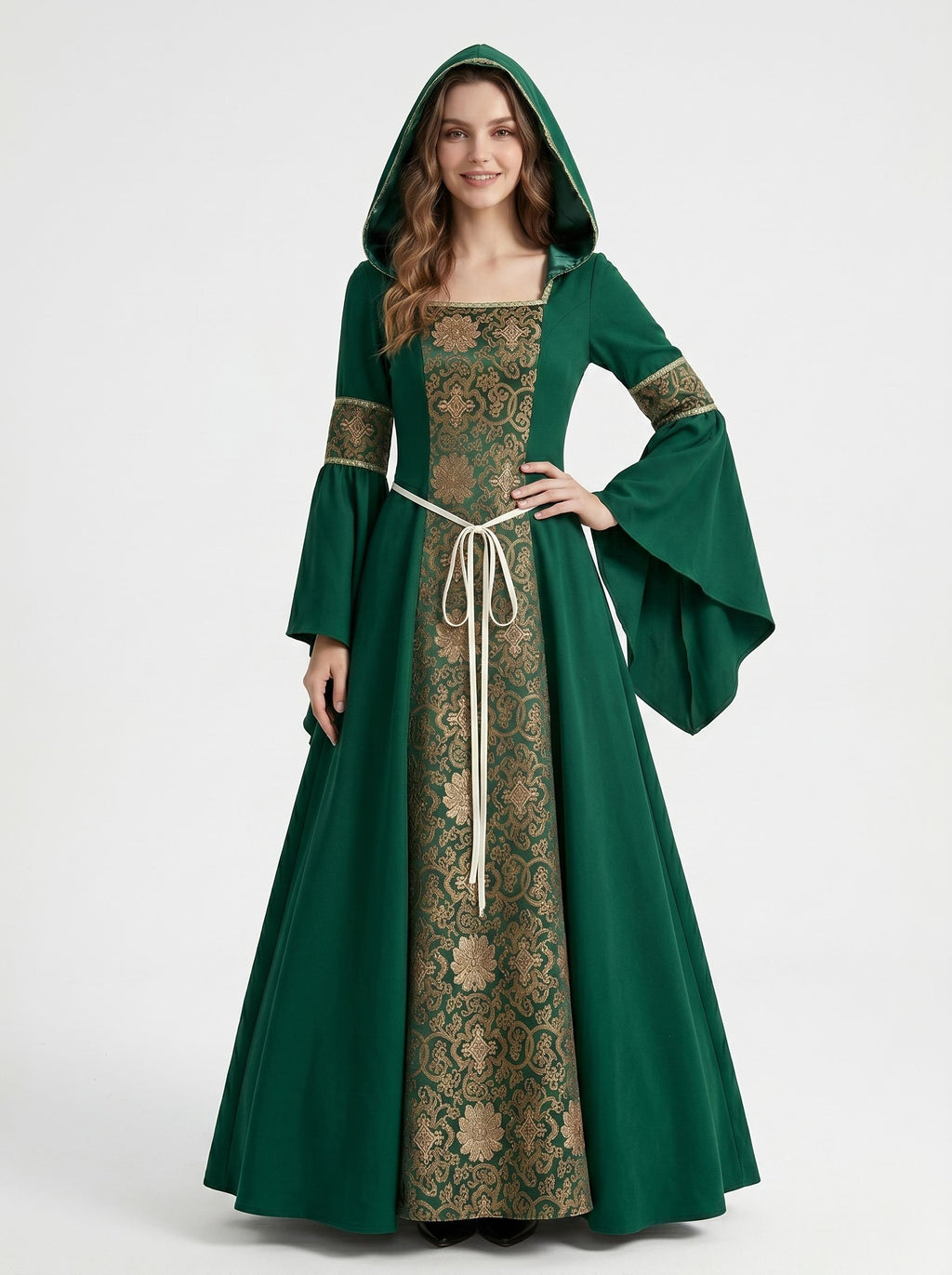 Medieval Vintage Retro Witch Fancy Dress Green A-Line Ankle-Length Appliques Square Collar LARP Fantasy Halloween Carnival Renaissance Fair for Women