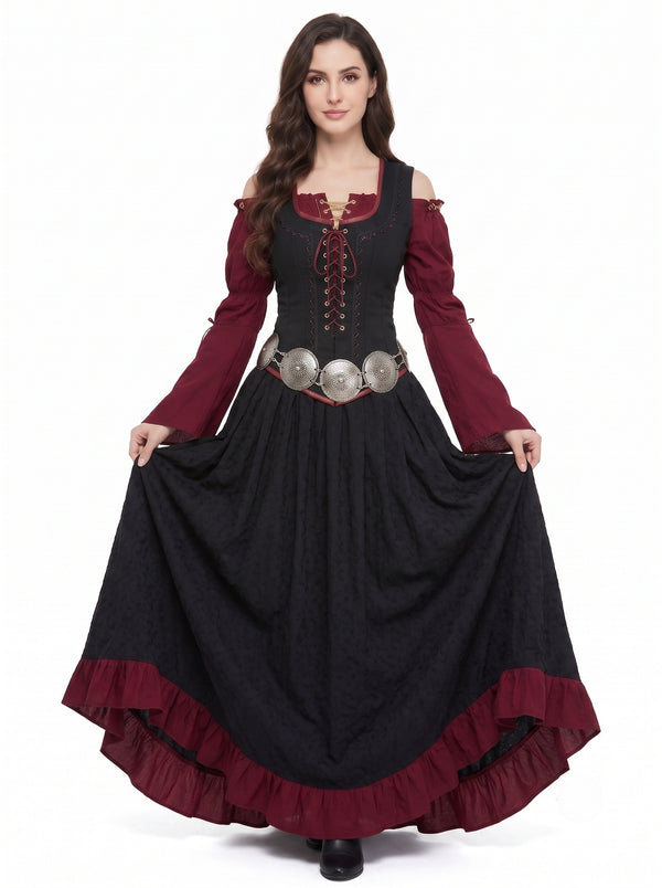 Medieval Vintage Renaissance Cocktail Dress A-Line Ankle-Length Off-the-Shoulder Viking Outlander Ranger Carnival Masquerade Party LARP Cosplay Costume