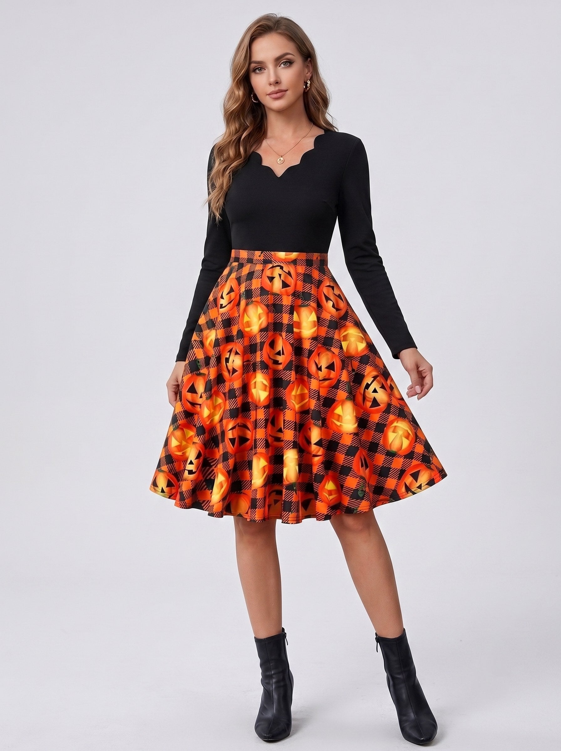 A-Line/Princess V-neck Long Sleeves Knee-Length Prints Halloween Performance Costumes Dress