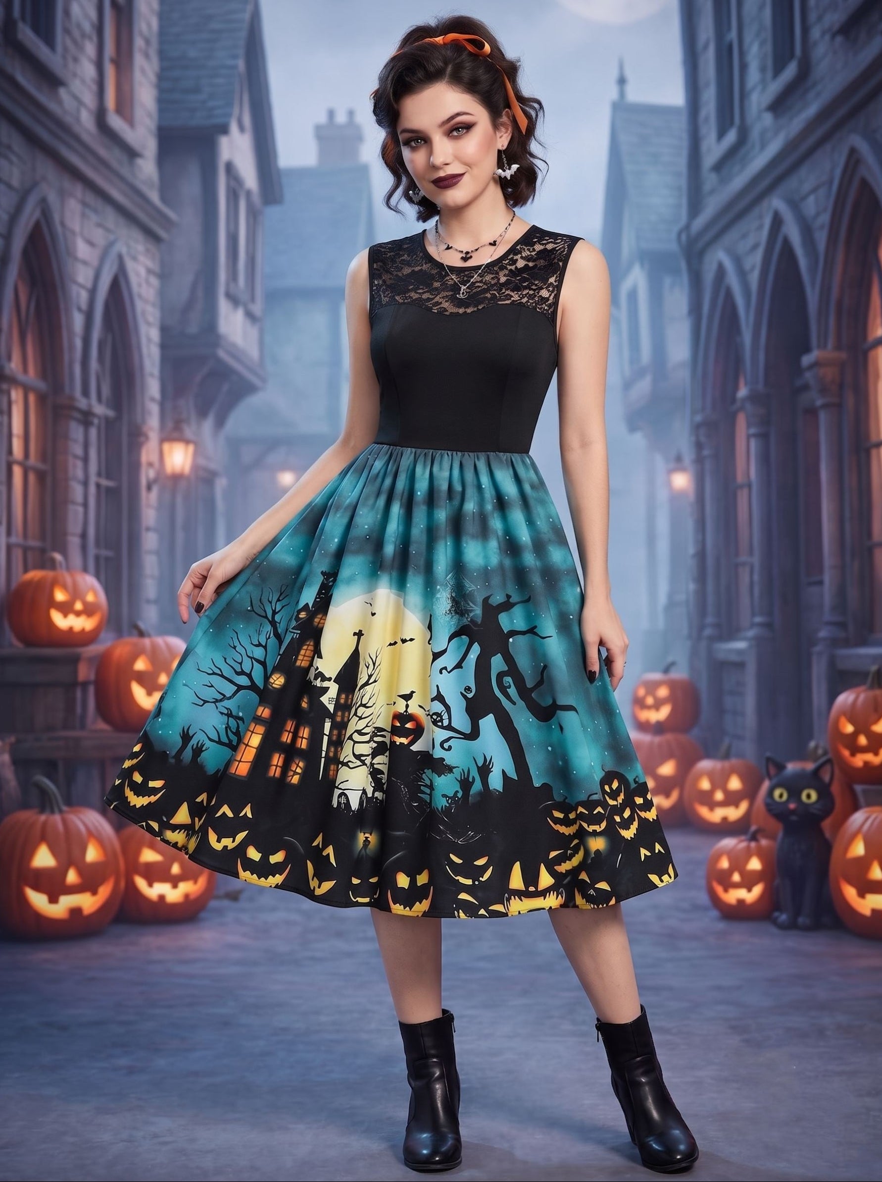 A-Line/Princess Round-Neck Sleeveless Knee-Length Halloween Performance Costumes Dress with Lace