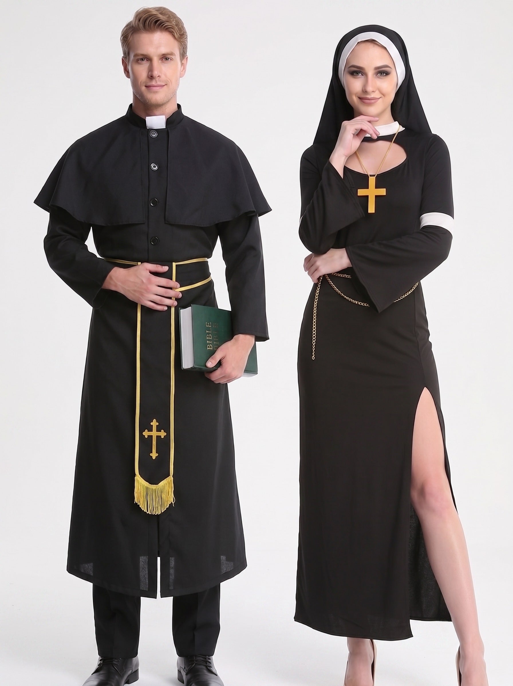 Couple Priest Nun Couple Black Golden Halloween Masquerade Vintage Costume