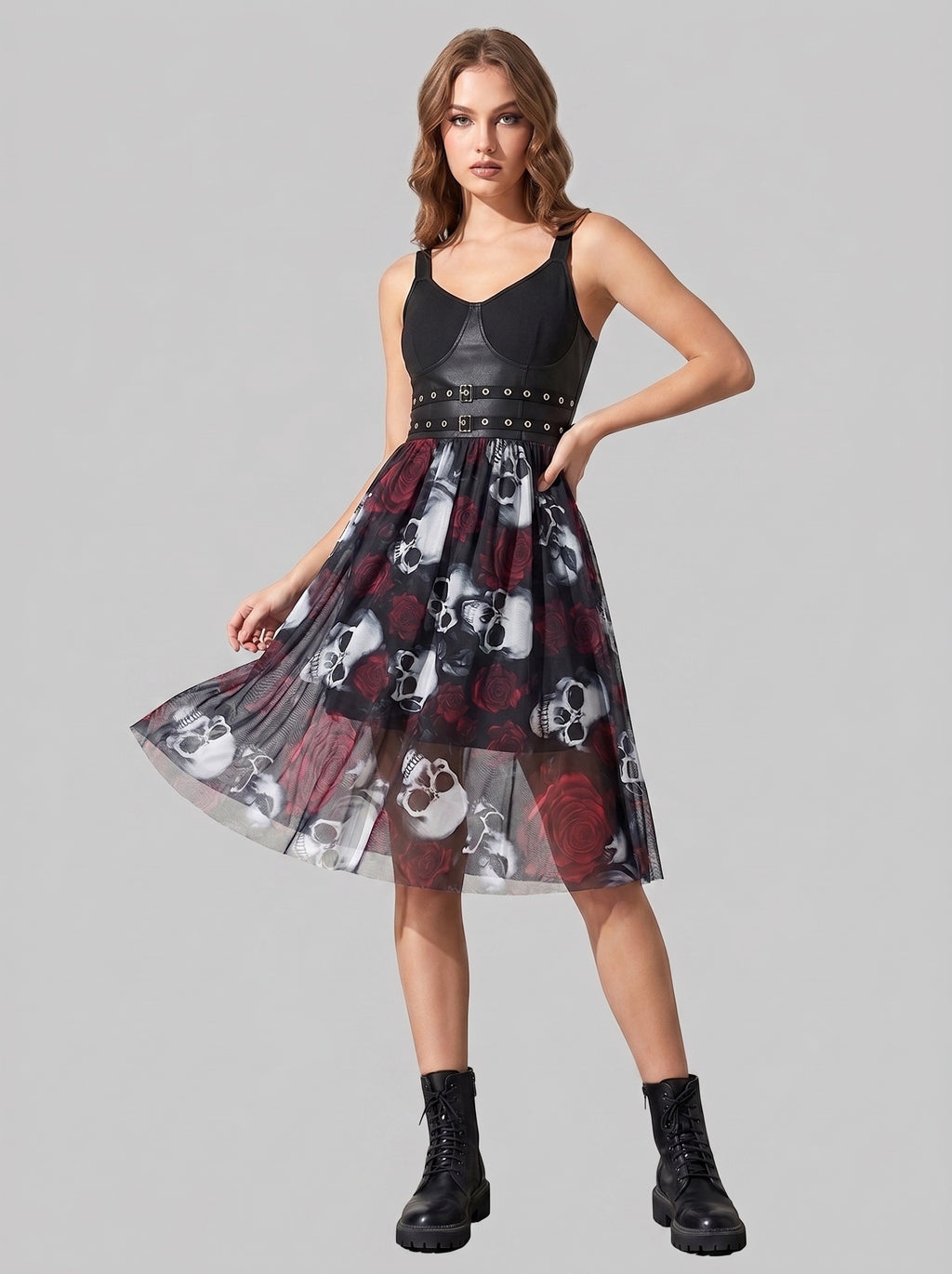 A-Line/Princess Skull Rose V-Neck Sleeveless Knee-Length Strap Halloween Performance Costumes Dress