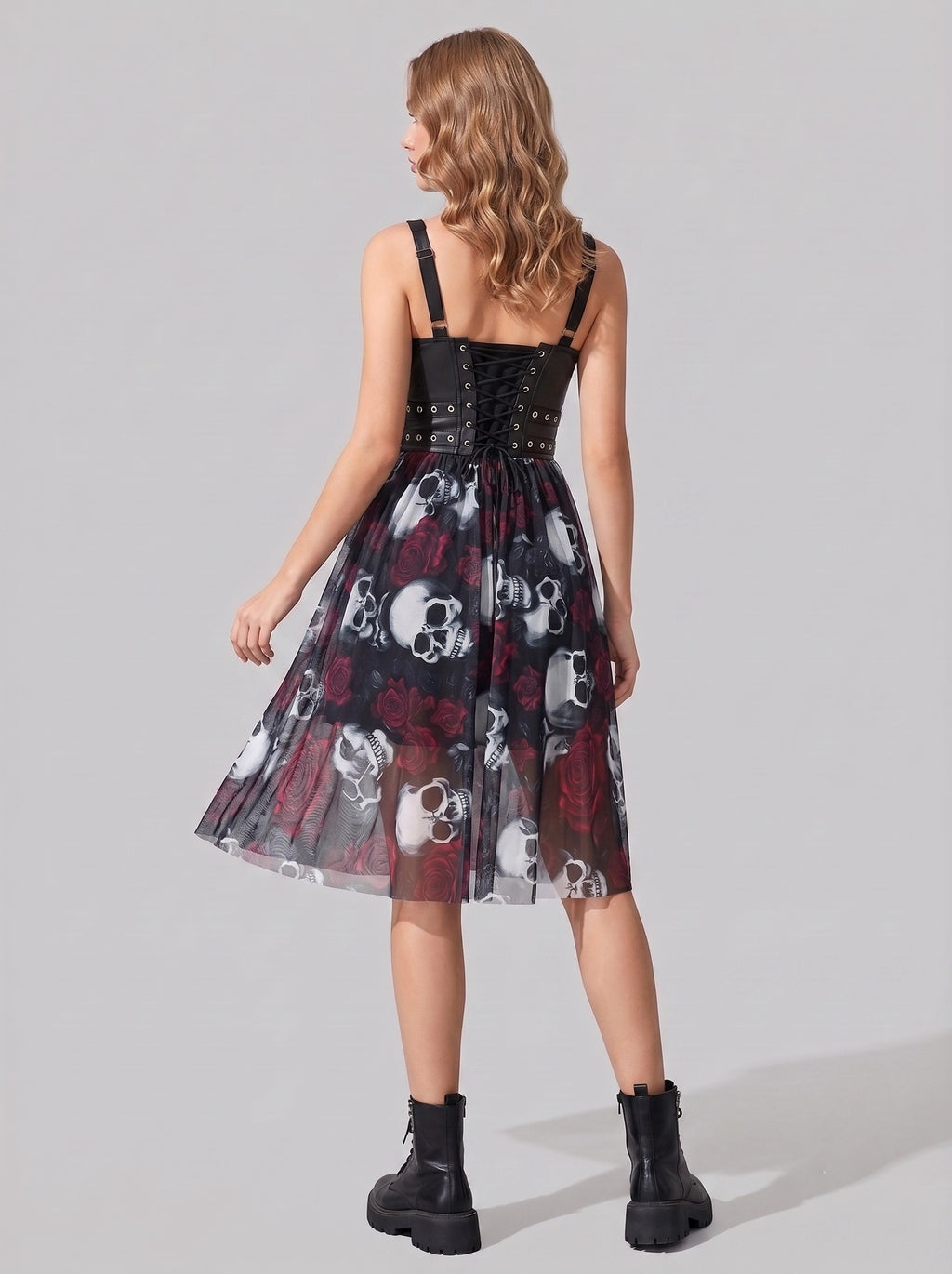 A-Line/Princess Skull Rose V-Neck Sleeveless Knee-Length Strap Halloween Performance Costumes Dress