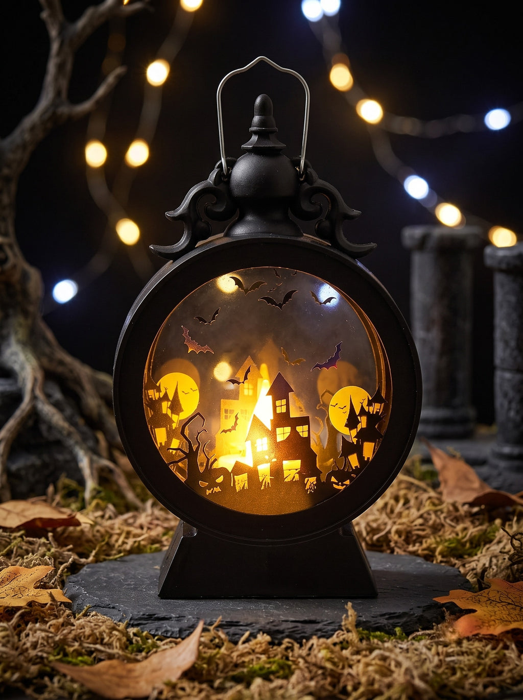 Black Retro Glass Hanging Decoration Round Lantern Halloween Garden Props