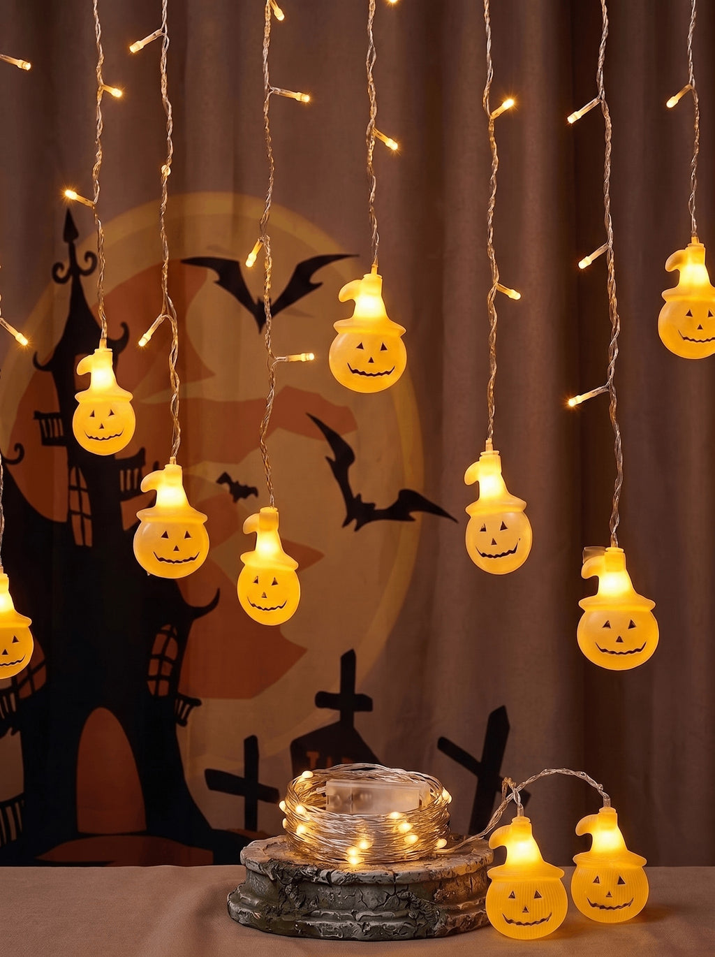 Halloween Cute Realistic Pumpkin Crystal Icicle Curtain String Lights
