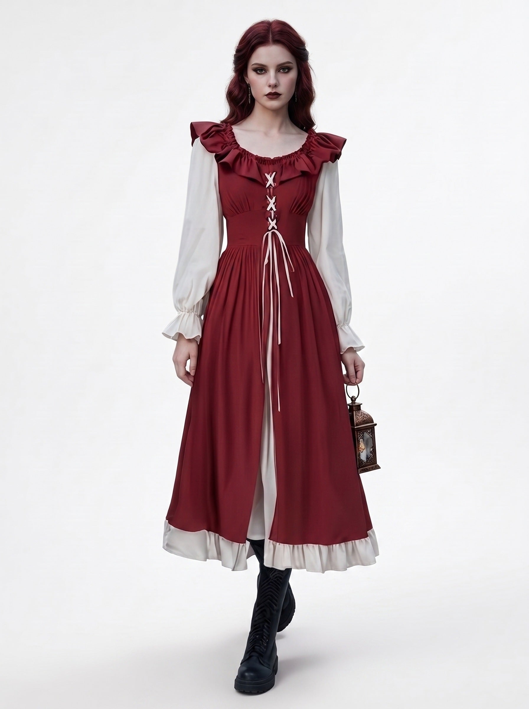 A-Line/Princess Round Neck Long Sleeves Floor-Length Ireland Medieval Vintage Cosplay Halloween Dress