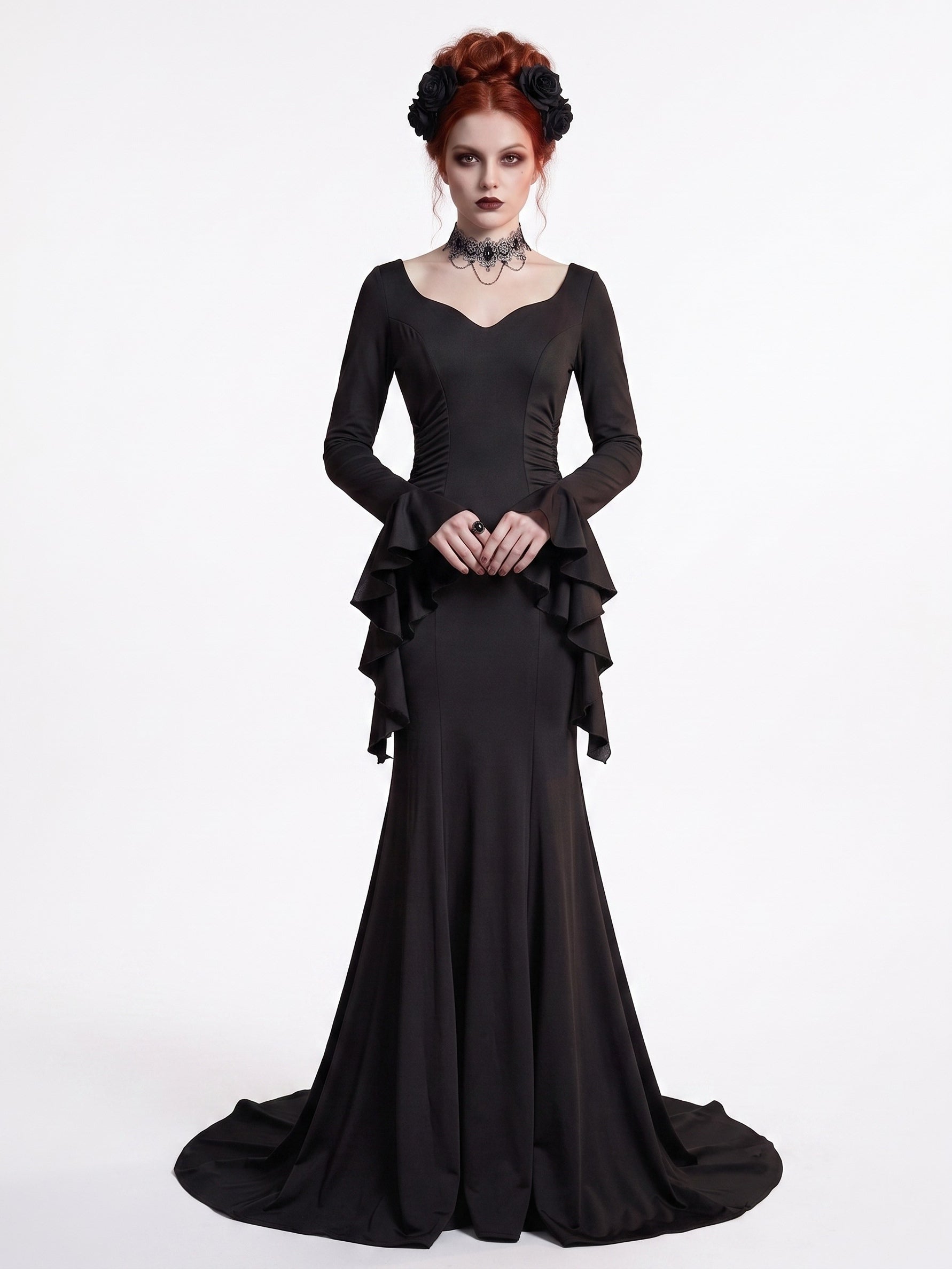 Mermaid/Trumpet V-Neck Long Sleeves Floor Length Goth Black Halloween Performance Costumes Dress