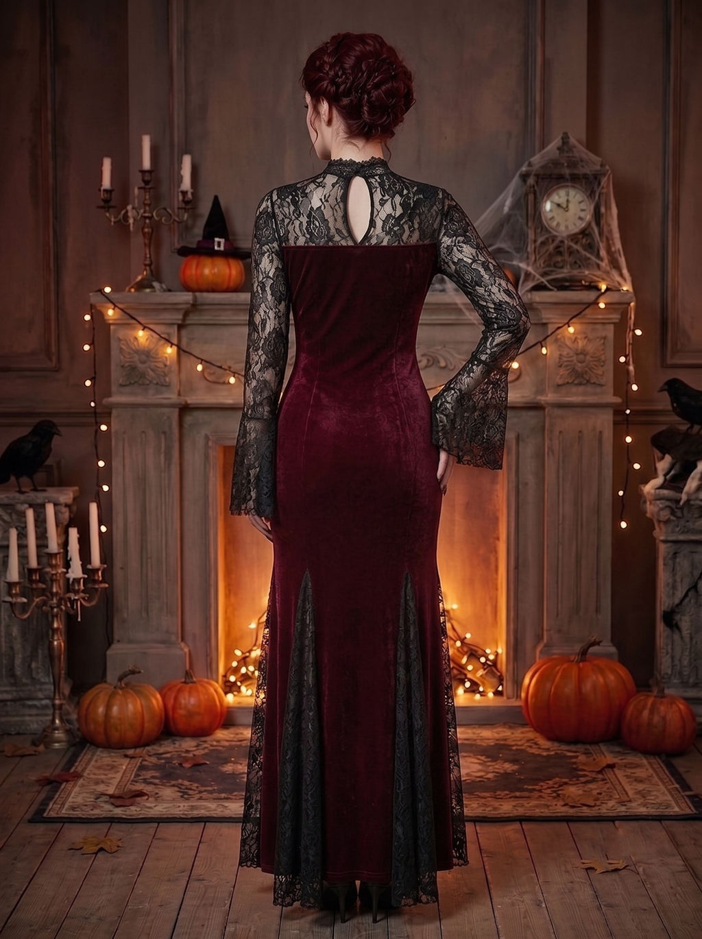 A-Line/Princess Jewel Neck Long Sleeves Ankle-Length Halloween Performance Costumes Dress with Lace