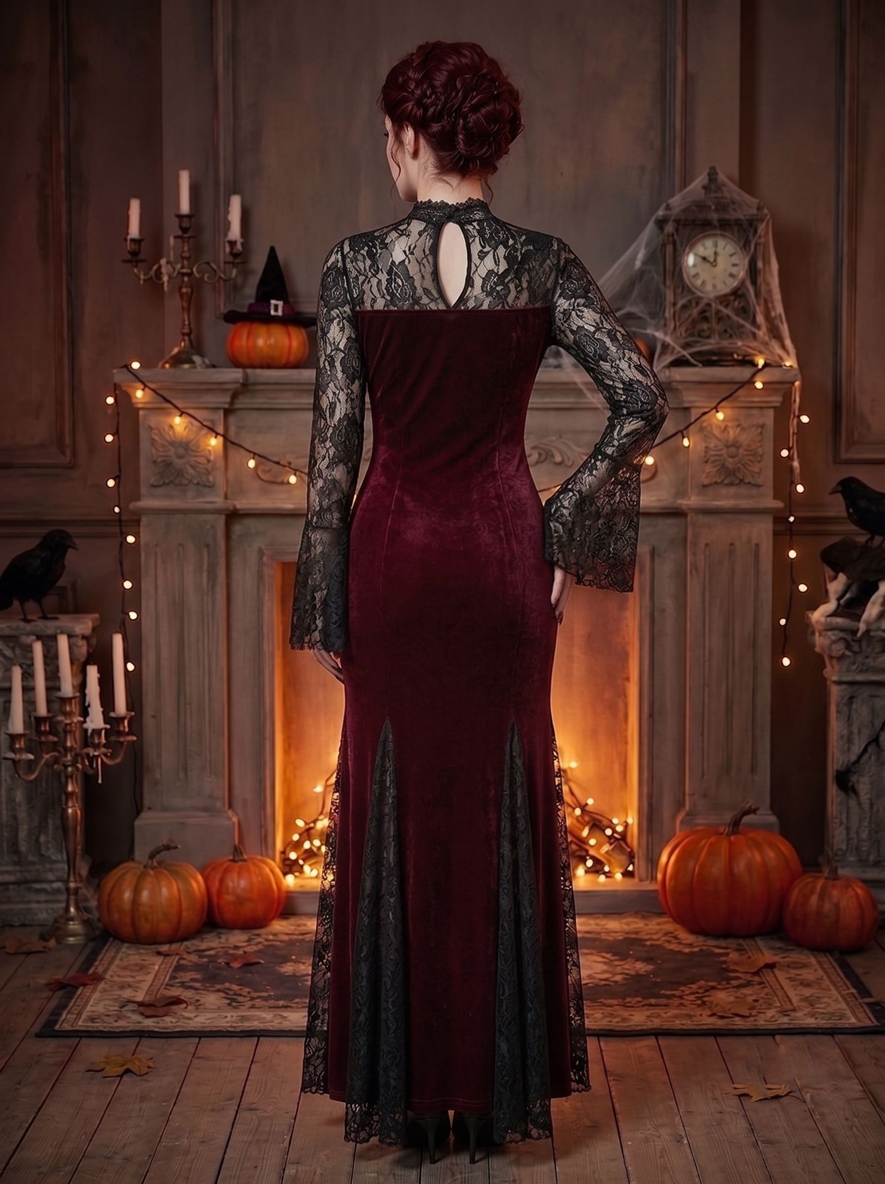 A-Line/Princess Jewel Neck Long Sleeves Ankle-Length Halloween Performance Costumes Dress with Lace