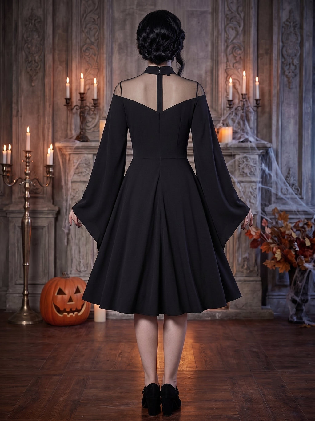 A-Line/Princess Plain High Neck Long Sleeves Knee-Length Vintage Halloween Performance Costumes Dress
