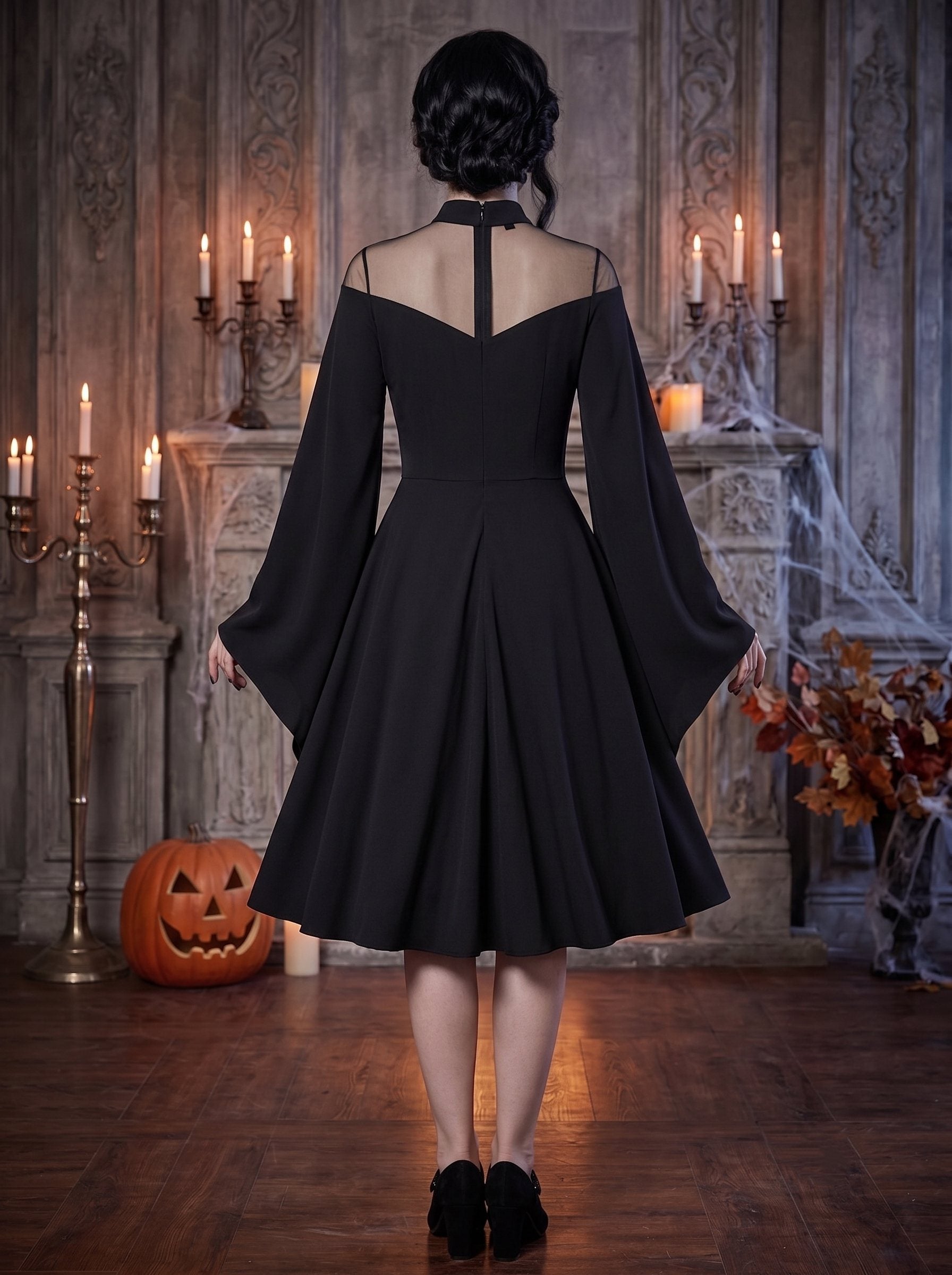 A-Line/Princess Plain High Neck Long Sleeves Knee-Length Vintage Halloween Performance Costumes Dress