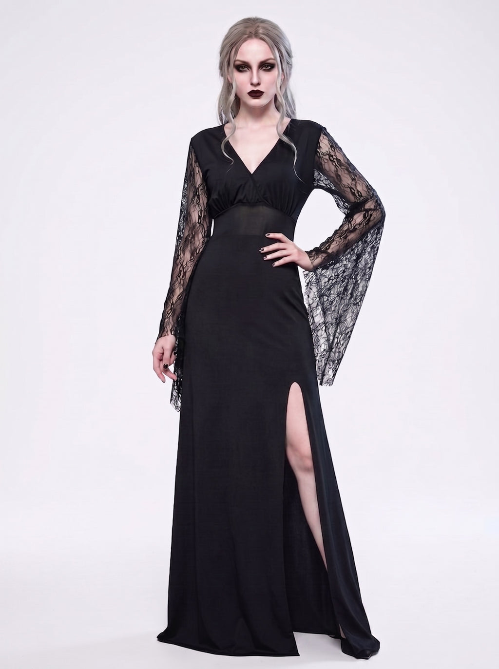 Black Elegant Sheath/Column V-Neck Lace Long Sleeve Floor Length Halloween Performance Costume Dresses