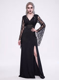 Black Elegant Sheath/Column V-Neck Lace Long Sleeve Floor Length Halloween Performance Costume Dresses