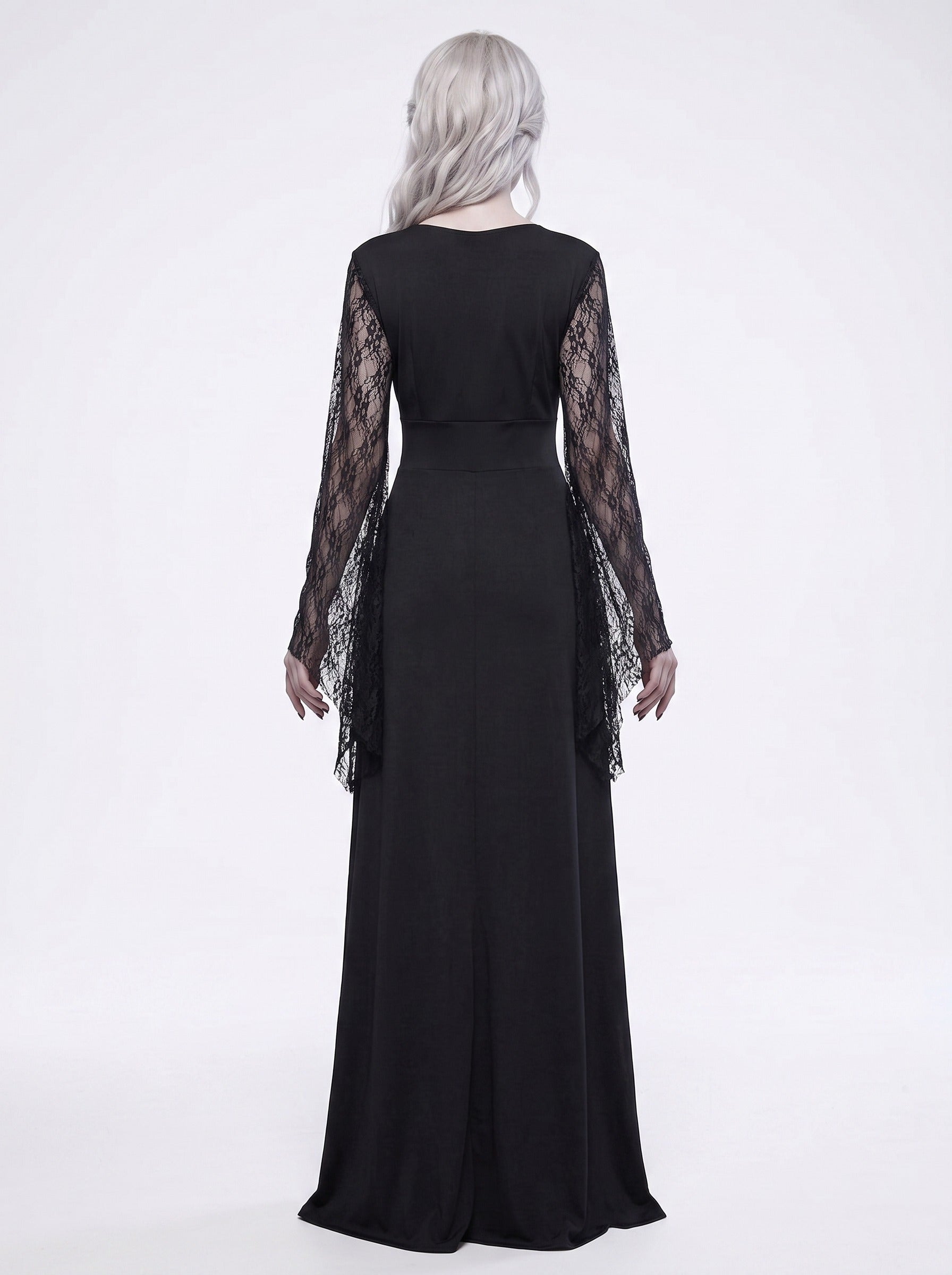 Black Elegant Sheath/Column V-Neck Lace Long Sleeve Floor Length Halloween Performance Costume Dresses