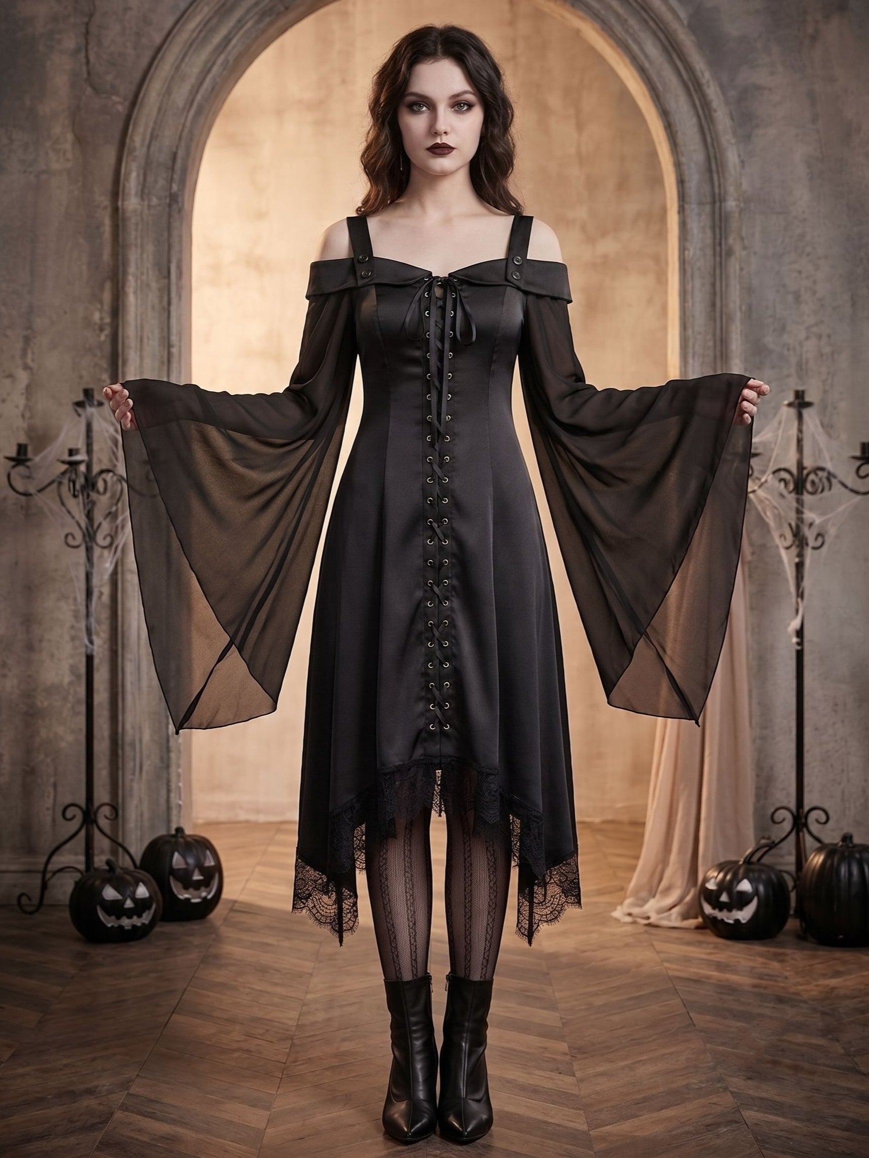 A-Line/Princess Square Neck Long Sleeves Asymmetrical Halloween Performance Costumes Dress With Lace