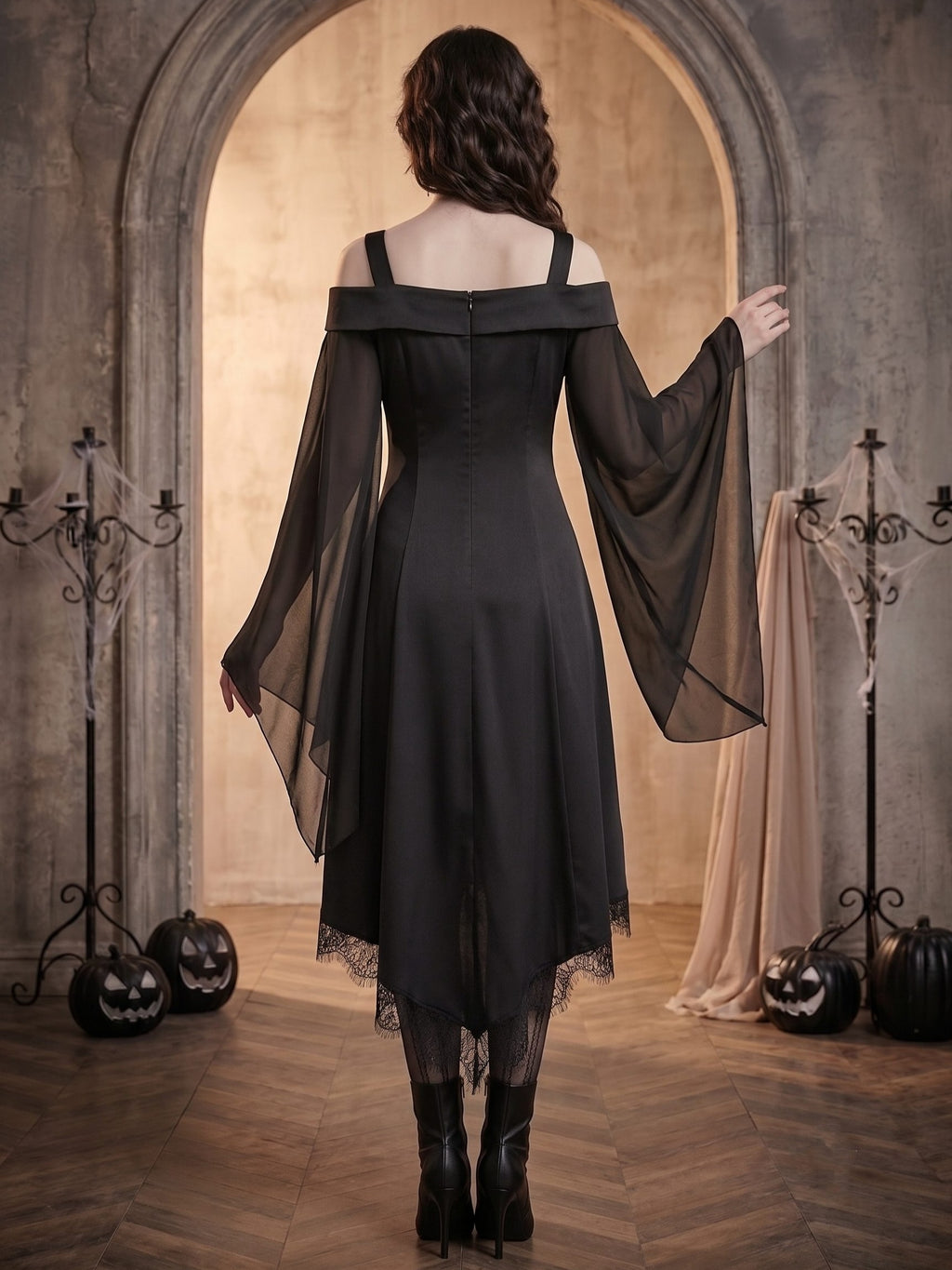 A-Line/Princess Square Neck Long Sleeves Asymmetrical Halloween Performance Costumes Dress With Lace