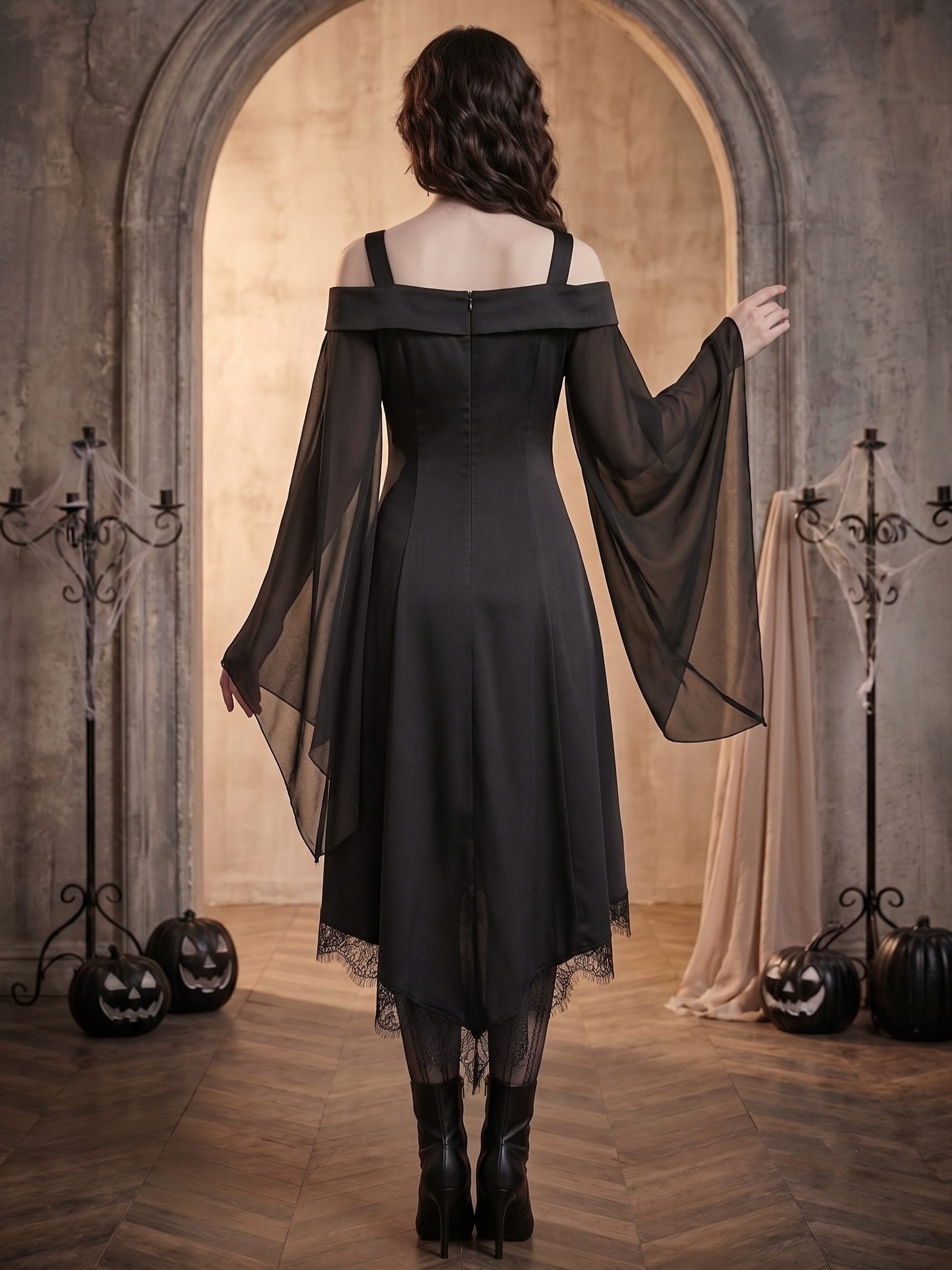 A-Line/Princess Square Neck Long Sleeves Asymmetrical Halloween Performance Costumes Dress With Lace