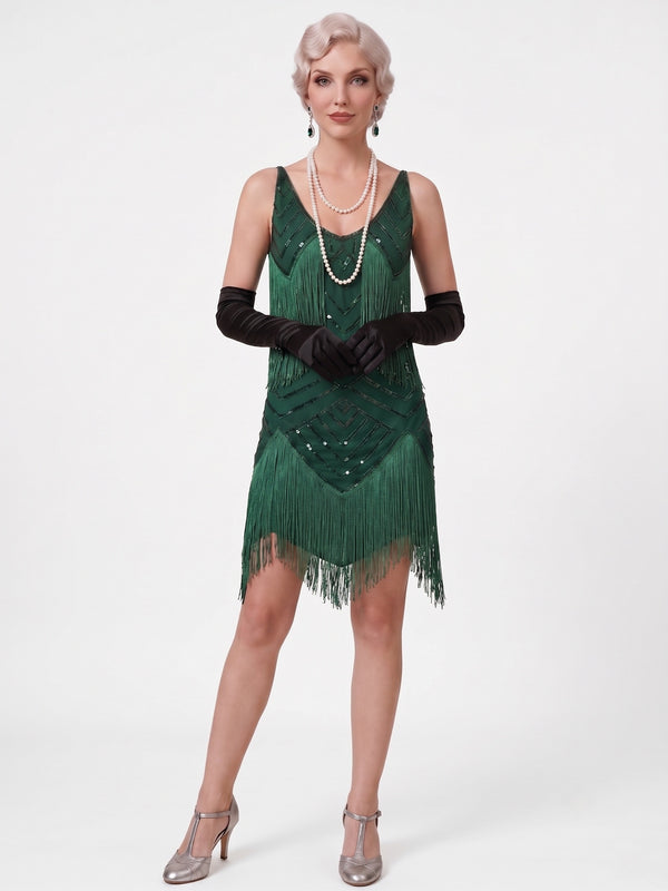 Great Gatsby Vintage Flapper Dress Mini Sleeveless Sequins Tassel Fringe Scoop Women's Date Party  for Women