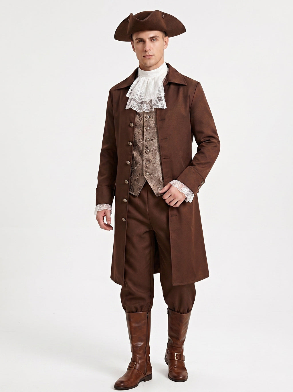 Rococo Vintage Colonial Brown Regency Period Outfits Pirate Colonial Costume  Men's Halloween Carnival