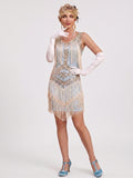 Great Gatsby Vintage Flapper Dress Knee-Length Sequins Tassel Fringe Scoop Neck Carnival for Women