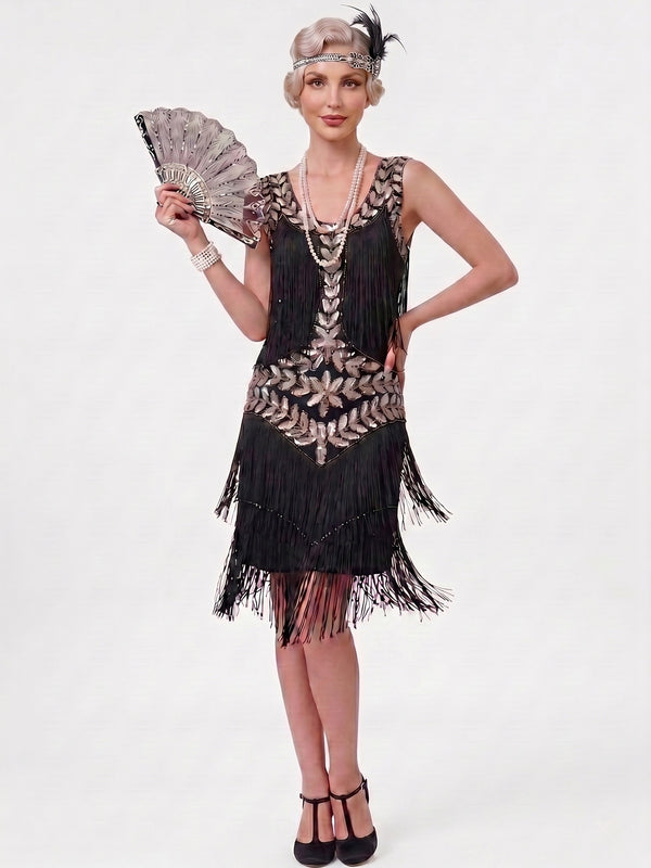 Great Gatsby Vintage Flapper Dress Knee-Length Sleeveless Sequins Tassel Fringe Scoop Women's Prom Evening Party for Women
