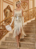 Great Gatsby Vintage Almond Flapper Dress Asymmetrical Sequins Tassel Fringe Scoop Evening Bachelorette Party for Women