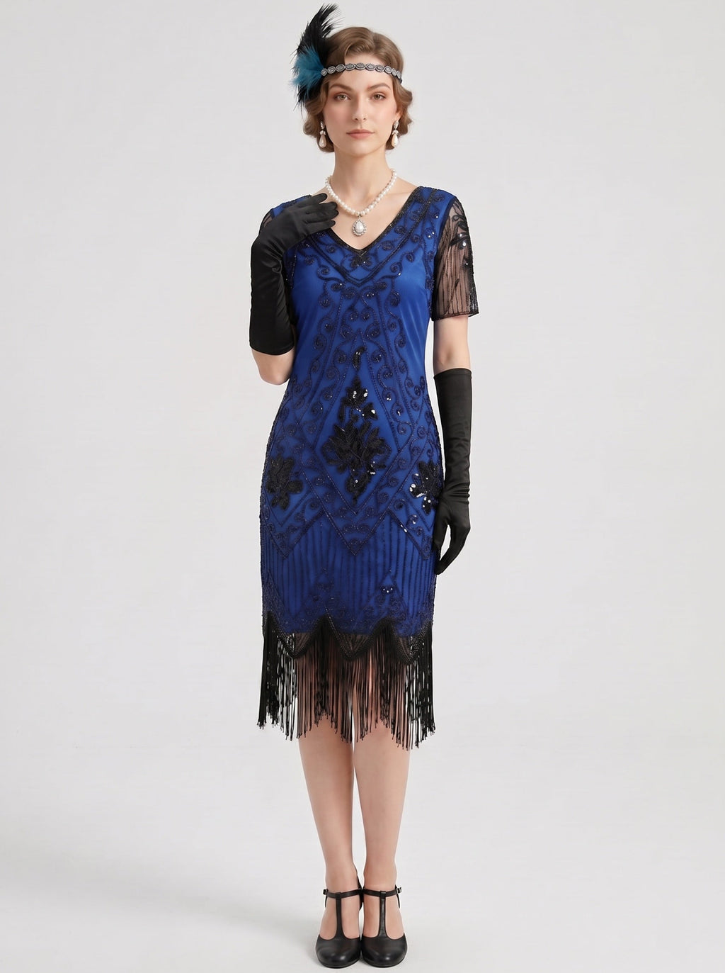 Great Gatsby Vintage Blue Flapper Dress Knee-Length Sequins Tassel Fringe V-Neck Carnival for Women