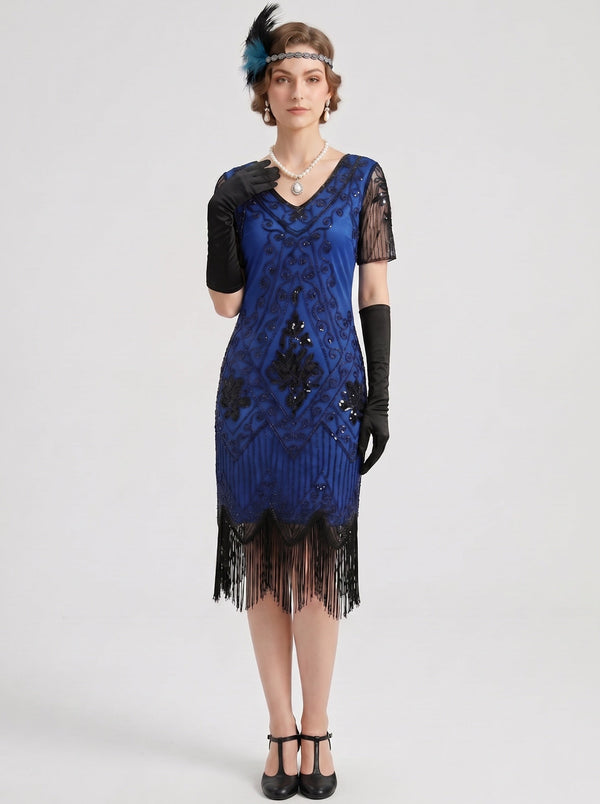 Great Gatsby Vintage Blue Flapper Dress Knee-Length Sequins Tassel Fringe V-Neck Carnival for Women
