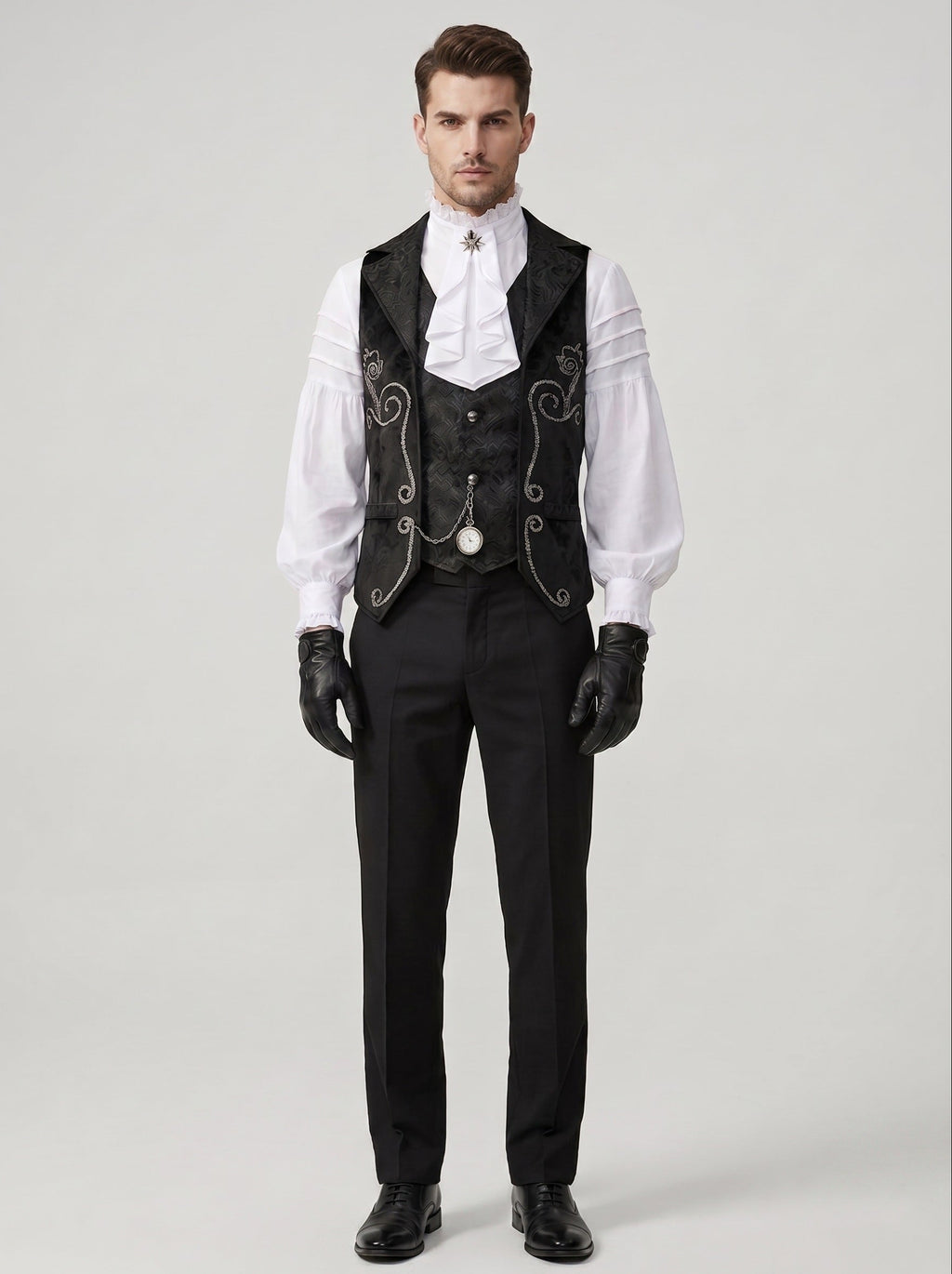 Rococo Vintage Black Nobleman Royal Men's Fantasy Renaissance Fancy Costume Tailcoat Shirt Halloween Carnival LARP