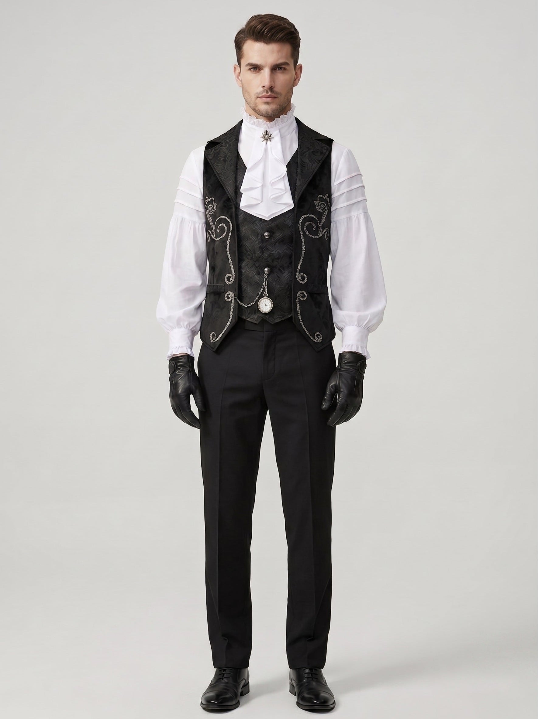 Rococo Vintage Black Nobleman Royal Men's Fantasy Renaissance Fancy Costume Tailcoat Shirt Halloween Carnival LARP