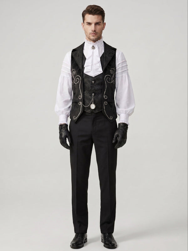 Rococo Vintage Black Nobleman Royal Men's Fantasy Renaissance Fancy Costume Tailcoat Shirt Halloween Carnival LARP