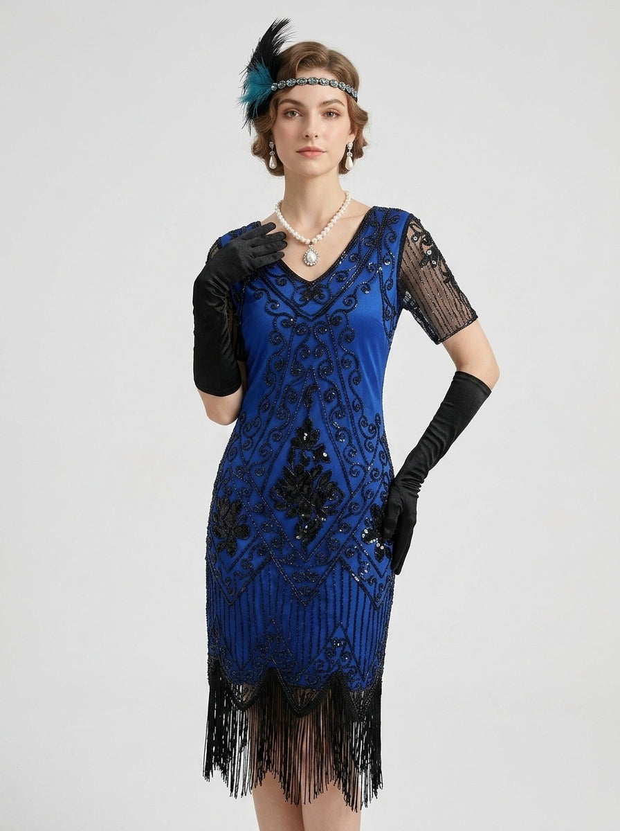 Great Gatsby Vintage Blue Flapper Dress Knee-Length Sequins Tassel Fringe V-Neck Carnival for Women