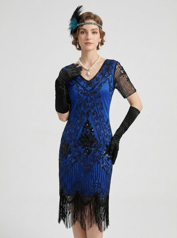 Great Gatsby Vintage Blue Flapper Dress Knee-Length Sequins Tassel Fringe V-Neck Carnival for Women