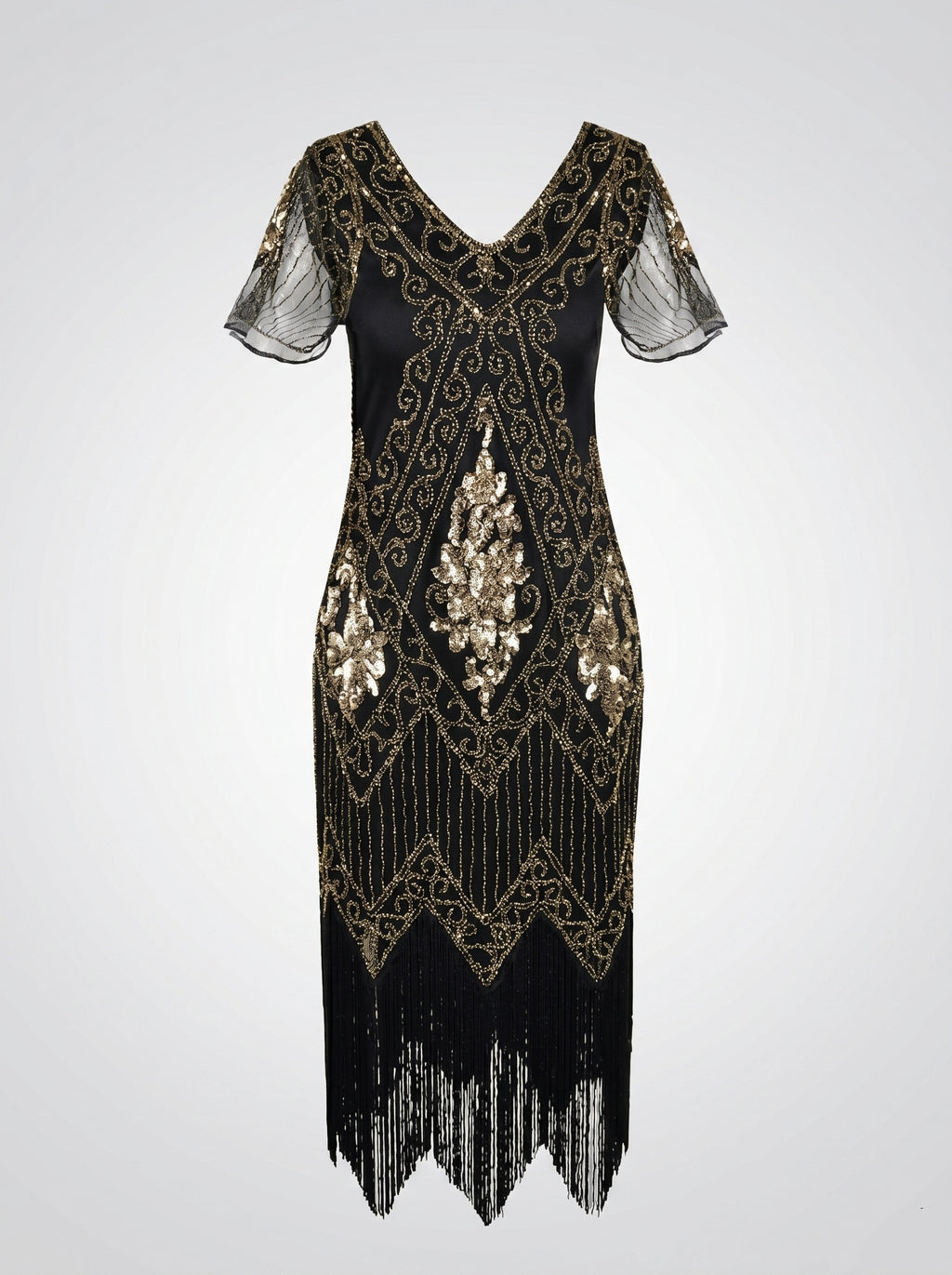 Great Gatsby Vintage Black Flapper Dress Knee-Length Sequins Tassel Fringe V-Neck Carnival Halloween for Women