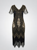 Great Gatsby Vintage Black Flapper Dress Knee-Length Sequins Tassel Fringe V-Neck Carnival Halloween for Women
